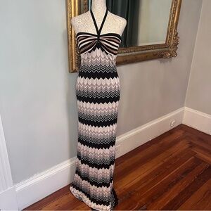 TRINA TURK Vallarta Brown, Cream , Black Chevron Halter Maxi Dress Size Medium
